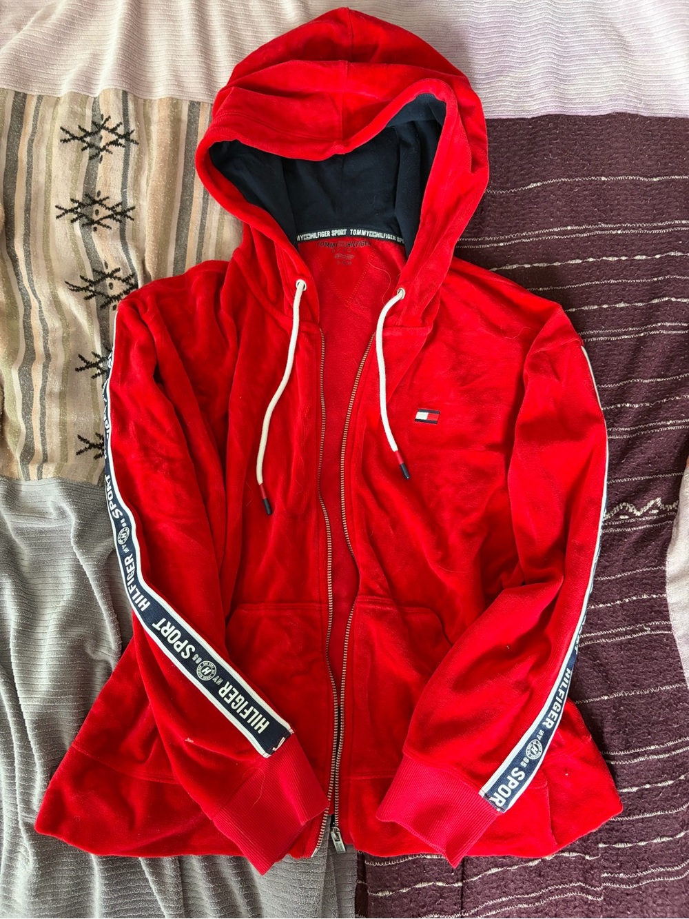 Tommy Hilfiger Red Velour Zip-Up Hoodie